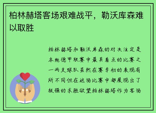 柏林赫塔客场艰难战平，勒沃库森难以取胜