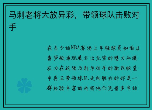 马刺老将大放异彩，带领球队击败对手